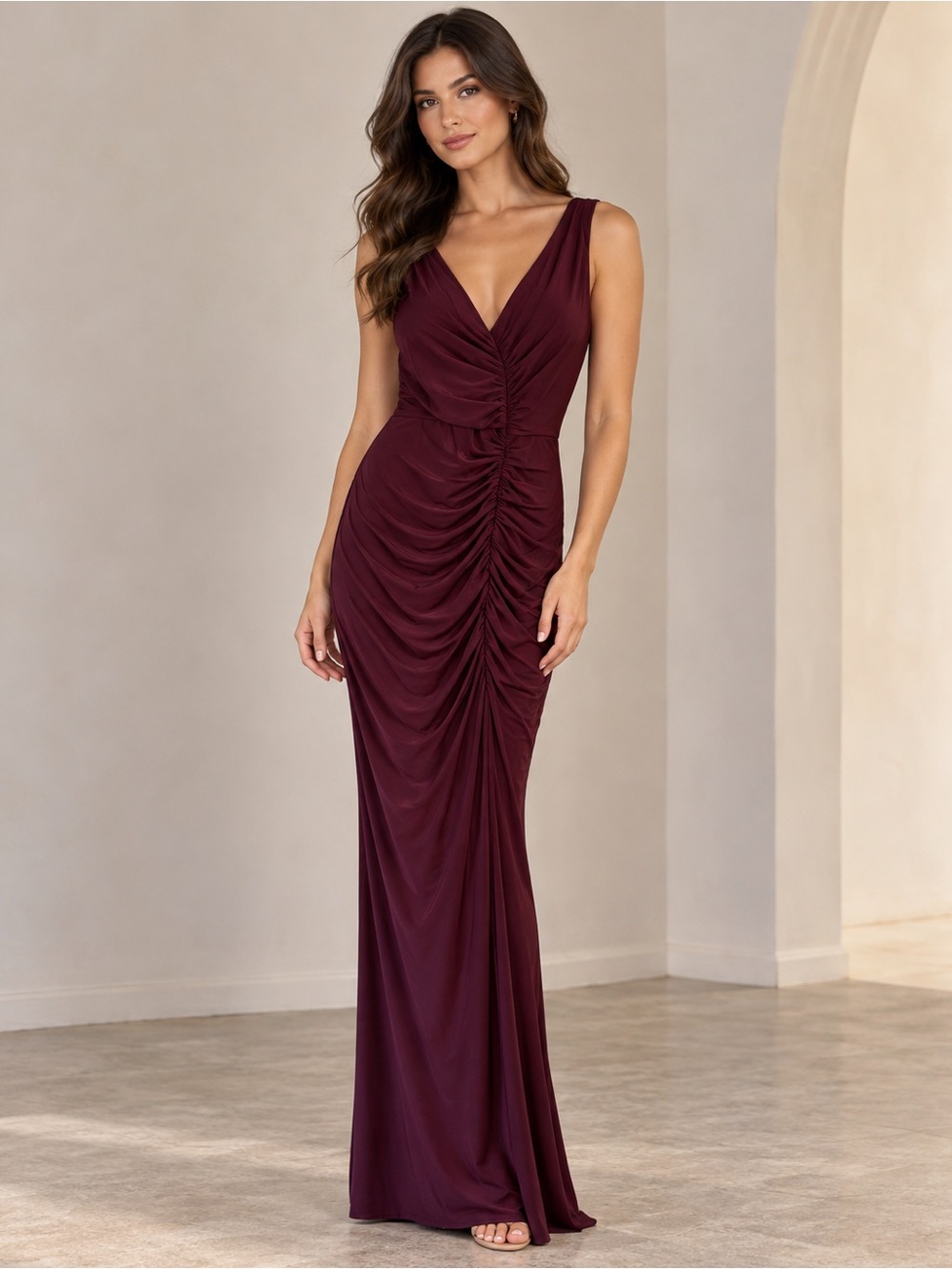 DB Studio Wine Burgundy Ruched V-Neck Maxi Dress Size 4 Wedding Formal Holiday